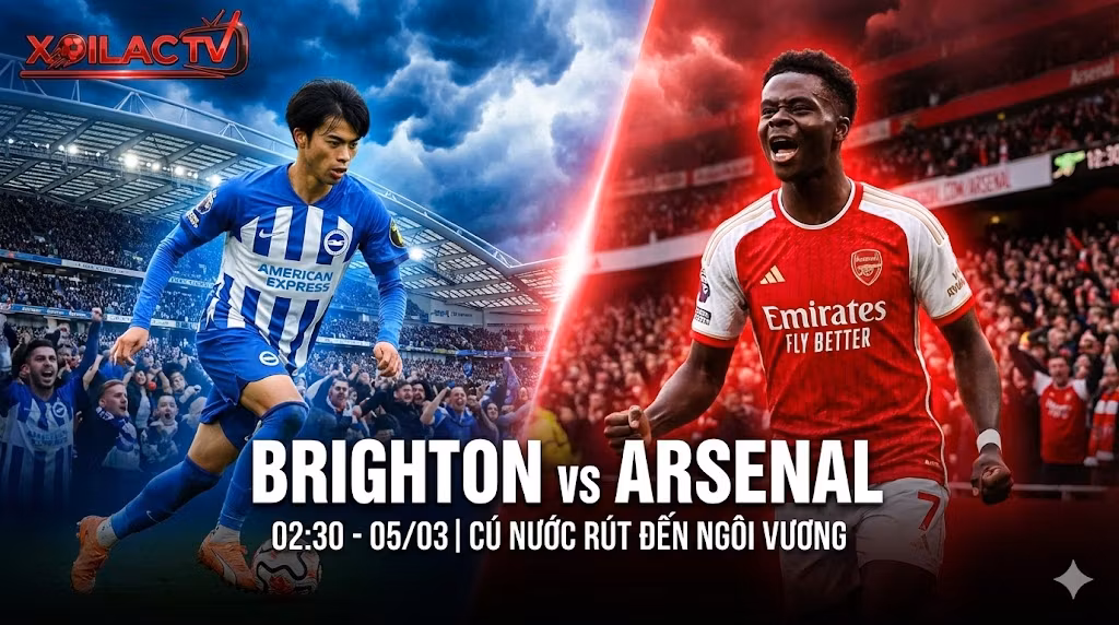 Ảnh đại diện bài nhận định bóng đá Brighton vs Arsenal ngày 05/03 trên Xoilac TV. Hình ảnh đối đầu giữa Kaoru Mitoma và Bukayo Saka tại sân vận động Amex trong cuộc đua vô địch.