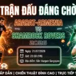 Ảnh bìa trận đấu FC Ararat-Armenia vs Shamrock Rovers, vòng loại Cúp C1 2026/27 trên Xoilac TV với hình ảnh cầu thủ Tera và Byrne.
